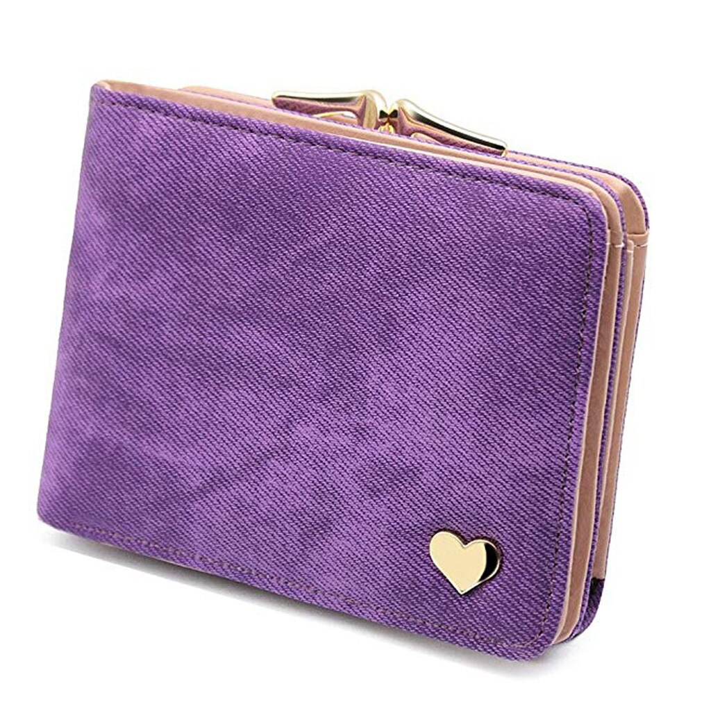 Women Wallet Pu Short Cute Heart Wallet Folding Wallets Clutch Pu Card Holder Ladies Purses Cute Mini Purse Carteras Mujer #YJ: Purple