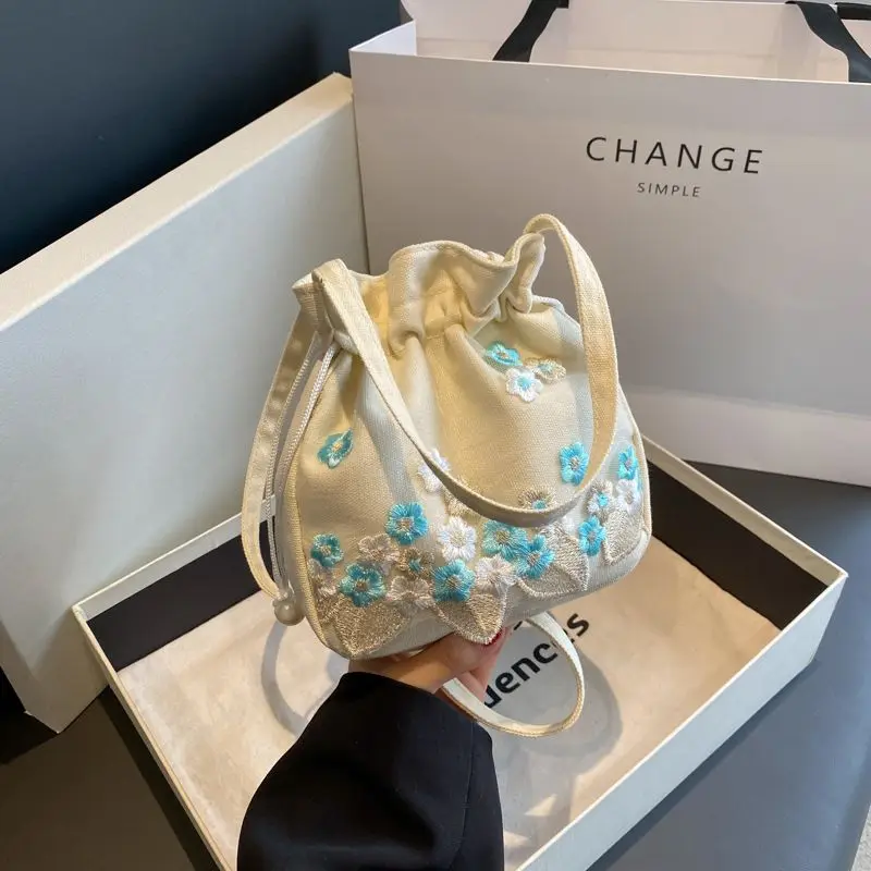 Bolsos de hombro pequeños a la para mujer, bolsos de playa de paja con cordón, bolsos con bordado de flores, bolsos cruzados de encaje para viaje: Azul
