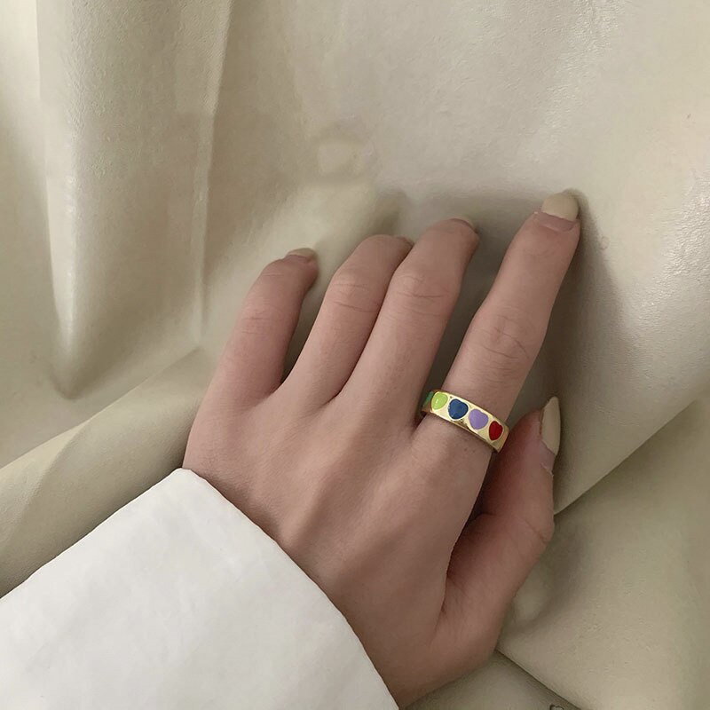 neue Jahrgang Böhmen Bunte Emaille Liebe Herz Ring Nette Einfache Metall Gold Silber Farbe Ringe für Frauen Stimmung Ring