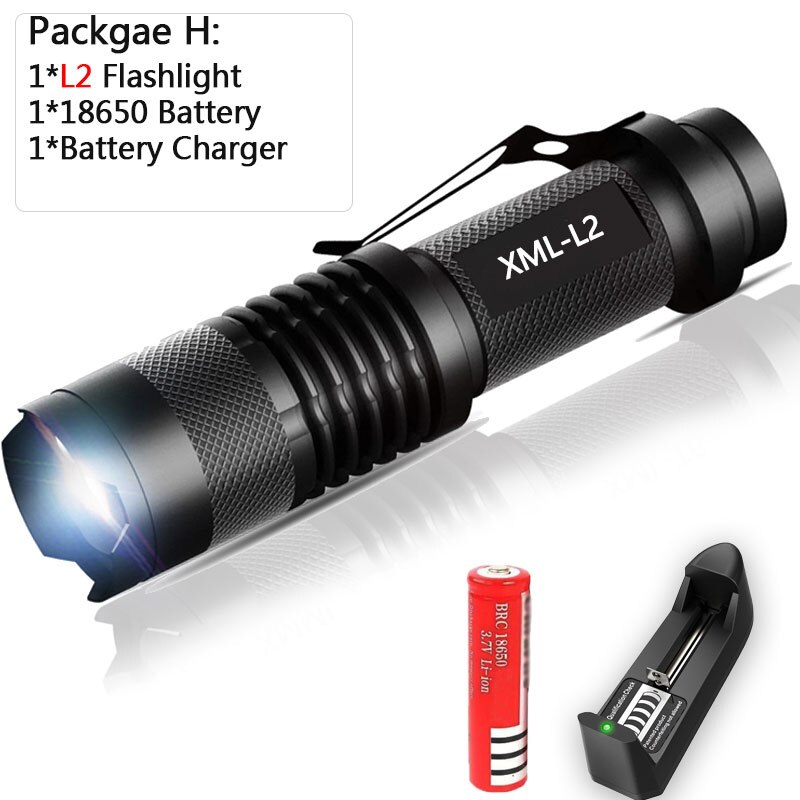 Mini linterna Led de 8000 LM, linterna led superbrillante Q5/T6/L2 linterna Led con zoom para pesca, Camping, bicicleta, luz 14500/18650: H