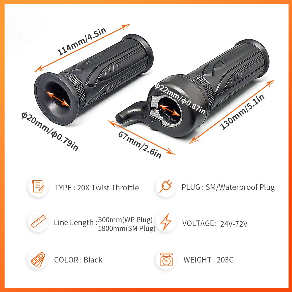WUXING 20X Full Twist Throttle E-Bike Right Handle Throttle 24V 36V 48V 60V 72V Waterproof/SM Connector for Ebike or Escooter