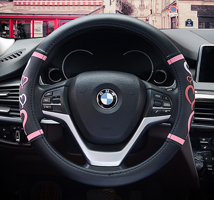 Cartoon Heart Steering Wheel Covers Microfeiber Leather Car Accessories For Girls Black Pink Cute Steering-Wheel Handle Cases: black