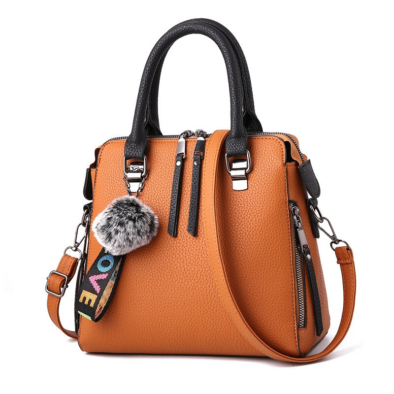 LANLOU PU Leder Frauen taschen Messenger Tasche Pelz Ball Crossbody Klappe Taschen Weibliche Schulter Tasche Einfarbig Handtaschen: Hellbraun