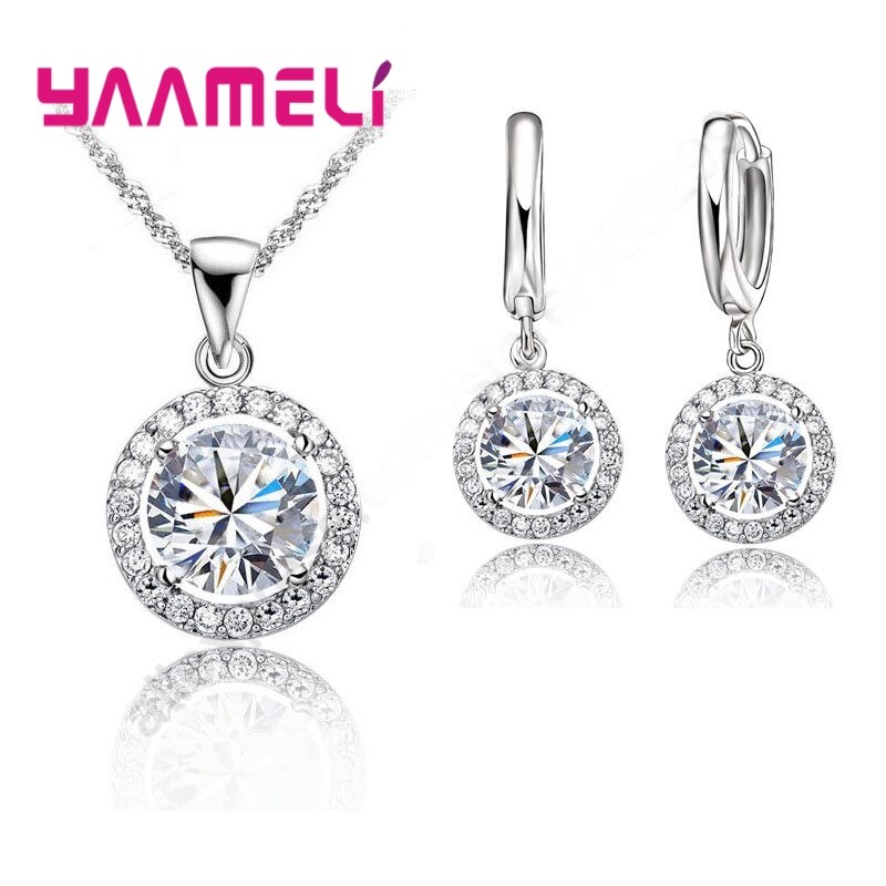 Classique femmes mariage fiançailles ensemble de Bijoux 925 en argent Sterling brillant autrichien cristal Zircon collier boucle d'oreille Bijoux