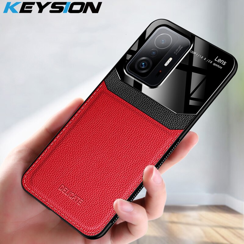 KEYSION Fall für Xiaomi Mi 11T Pro 5G PU Leder Gehärtetem Glas Stoßfest Telefon Zurück Abdeckung für xiaomi Mi 11T 5G