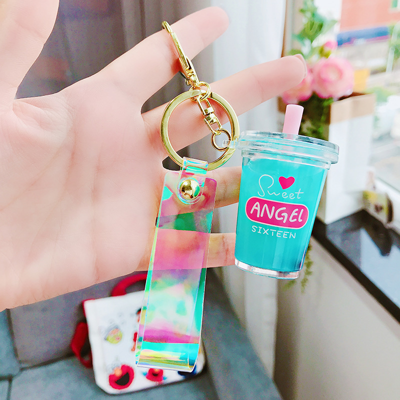 Mini Soft Drink Keychain Milk Tea Beverage Bubble Tea Keyring Moving Liquid oil Decompression Keyfob Jewelry