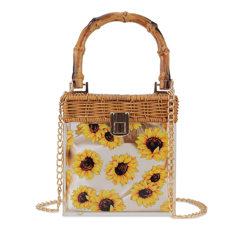 Clear Acrylic Flower Pattern Purses and Handbags for Women Bamboo Handle Party Clutch Evening Bag Chain Shoulder Bag