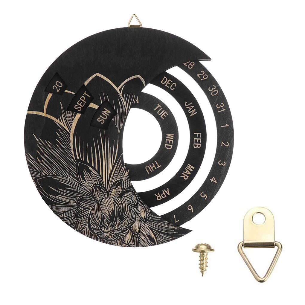 Wooden Calendar Round Perpetual Calendar Study Desk Calendar Handicraft Decoration Wooden Crafts Christmas Home Decor Xmas: black