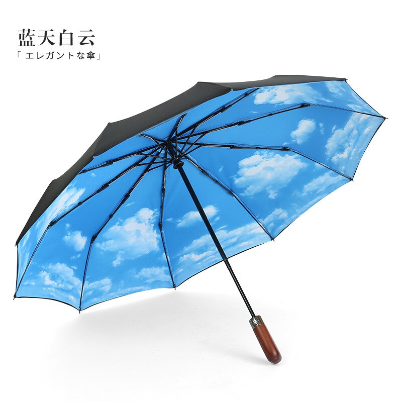 Fuldautomatisk 10- ben vindtæt massivt træhåndtag regnfuld paraply tre gange mænds forretningsparaply: 04
