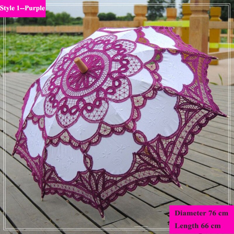 Handgemachte Stickerei Spitze Sonnenschirm Regenschirm Frauen Hochzeit Braut Foto Weiß Baumwolle Holz Griff Dekoration Regenschirm: Stil 1--Violett