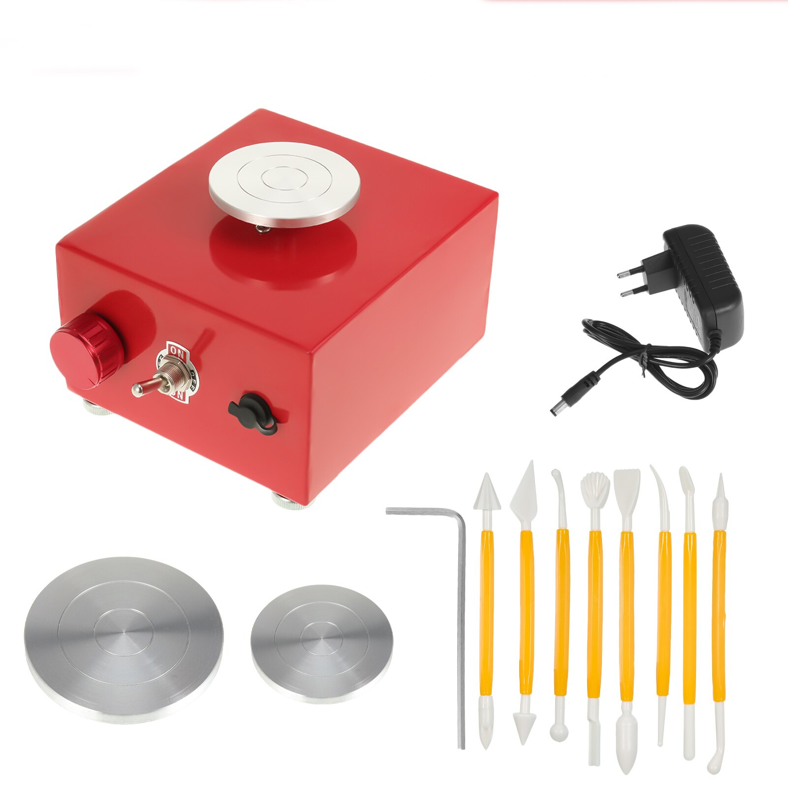mini keramikkhjul gjør-det-selv leireverktøy med brett til keramikkarbeid 6.5cm 10cm dreieskive mini keramikkverktøy elektrisk keramikkmaskin: Rød-oss-plugg