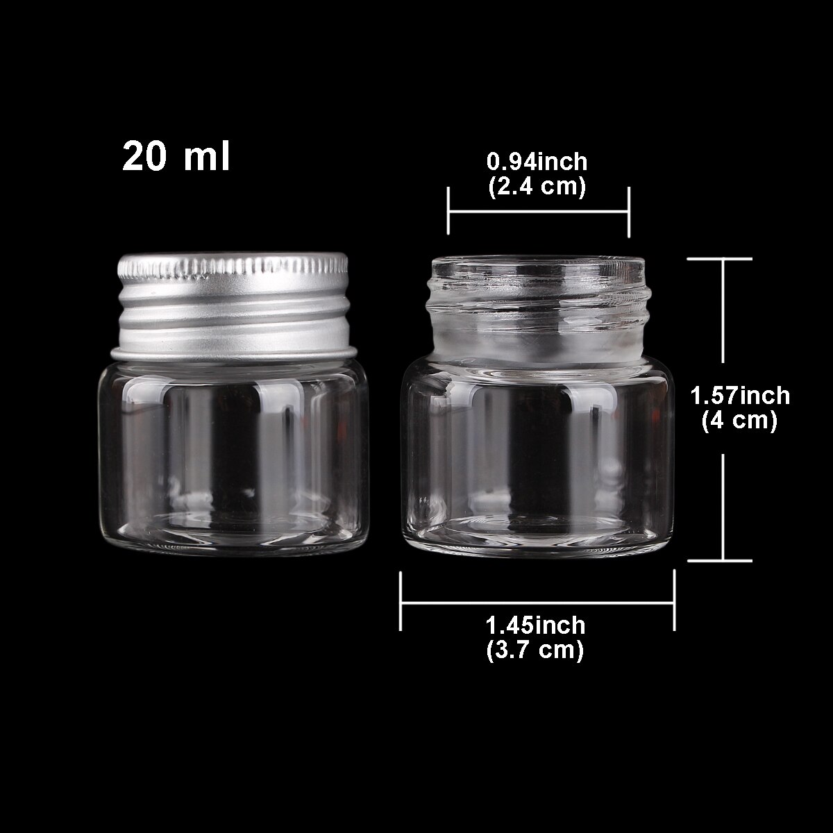 15pcs 20ml-150ml Glass Bottles with Aluminum Lids Diameter 37mm Candy Jars Pill Container 9 Sizes U-pick: 20ml