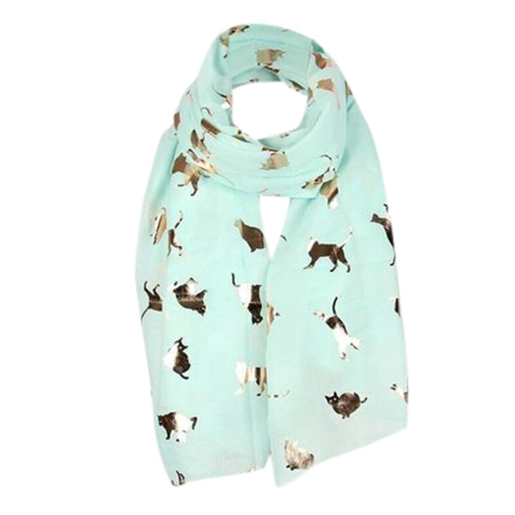 Foulard en mousseline de soie pour femmes, châle imprimé, mignon, dessin animé, chat, chaton, feuille de voyage, Style Graffiti, pour filles,: Mint Green