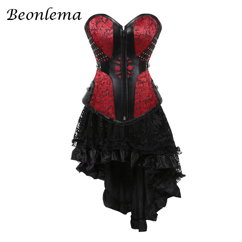 Beonlema – ensemble robe Corset Steampunk rouge, Sexy, bustier gothique noir, jupe Tutu pour adultes, vêtements burlesques Punk: Rouge / M