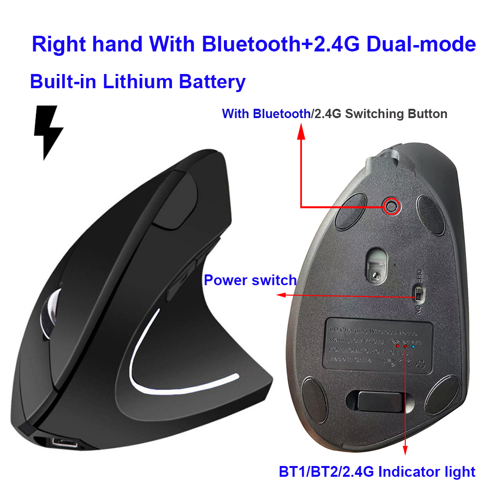 Left Right Hand Mouse Vertical Ergonomic Wireless with Bluetooth Double Mode Mouse Computer PC Mice Rechargeable Gaming Mouse: DARKNESS
