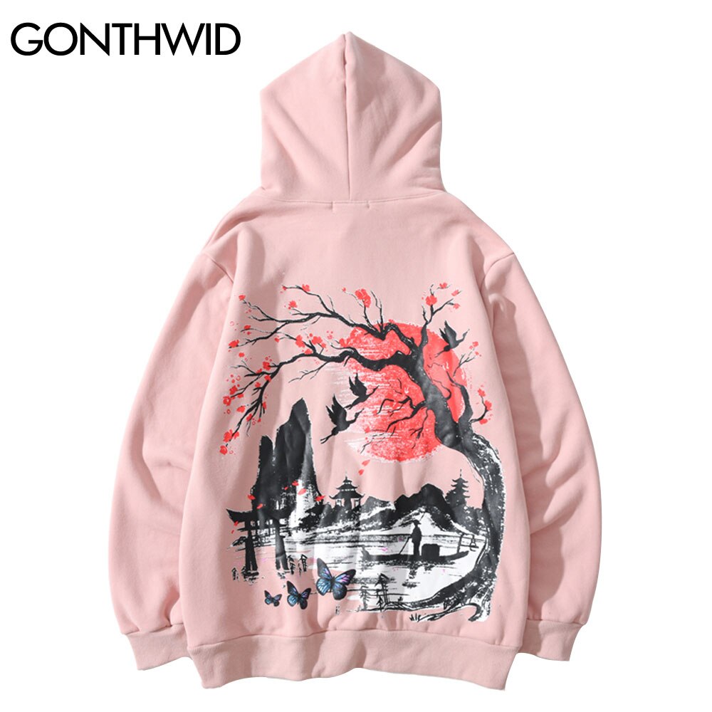 Gonthwid Hoodies Streetwear Hip Hop Chinese Stijl Landschap Vlinder Print Hoody Mannen Harajuku Casual Pullover Tops