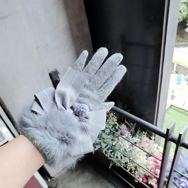 Cashmere Gloves Wool Piece Jump Point Bowknot Hair Ball Gloves Korean Touch Screen Five-Finger Warm Gloves
