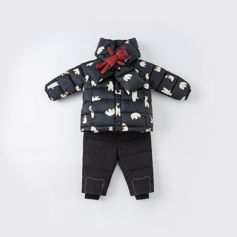 DBS20015 Dave Bella Winter Baby Jongens Cartoon Capuchon Gewatteerde Jas Kinderen Jongen Tops Baby Peuter Bovenkleding Met Een Sjaal