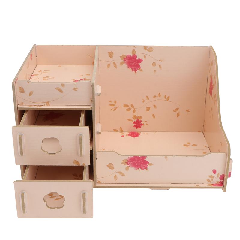 1pc Wooden Desktop Storage Box Home Cosmetic Box Desktop Storage Container: Pink