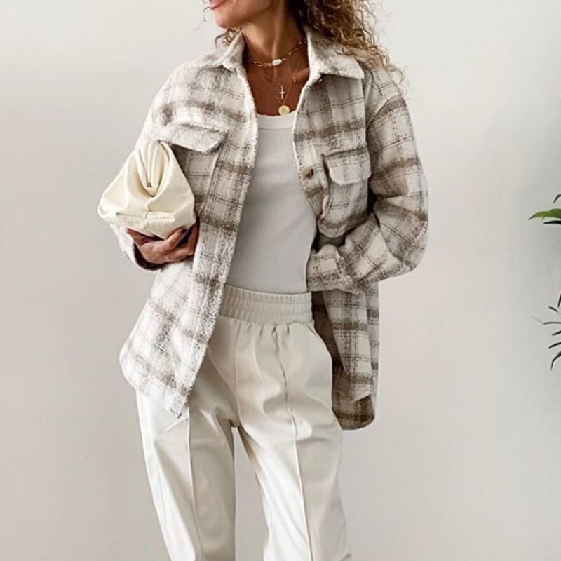 Puwd vintage dames losse kameel old school geruite overhemd dames herfst oversized bovenkleding vrouwelijke casual zak jassen
