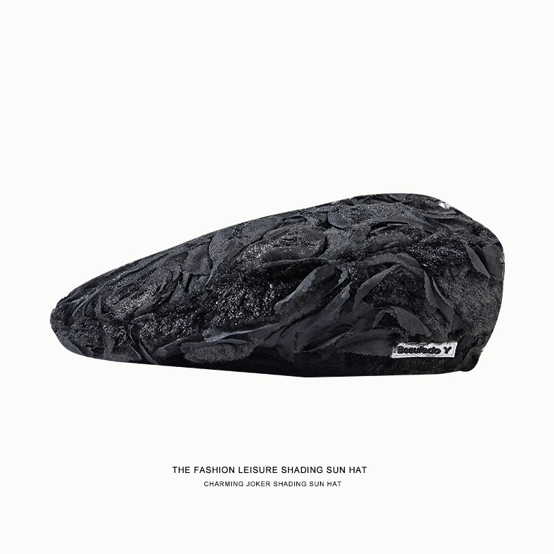 Boina de pelo de conejo para mujer, gorro de pintor negro, informal, para boda, Otoño e Invierno: black