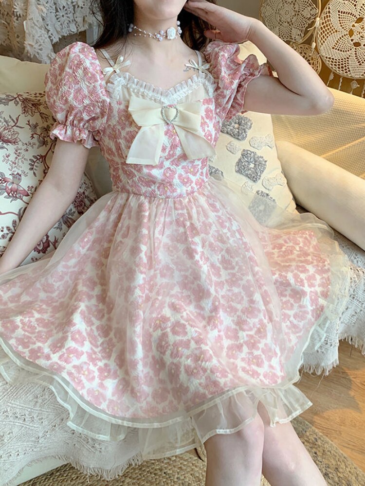 HOUZHOU Pink Floral Dress Women Sweet Cute Bow Mesh Patchwork Fairy Dresses Princess 2022 Summer Kawaii Streetwear