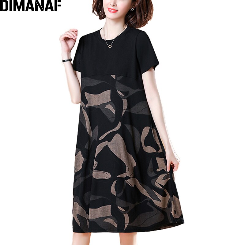 Dimanaf vestido feminino, tamanho grande roupas femininas de algodão solto emendado elegante vestido de verão vintaged impressão preto 5xl