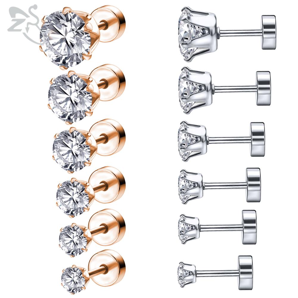 Zs brinco de cristal 316l 20g 6 par/set, brilhante em aço inoxidável 3-8mm redondo cartilagem da orelha tragus hélixe piercings