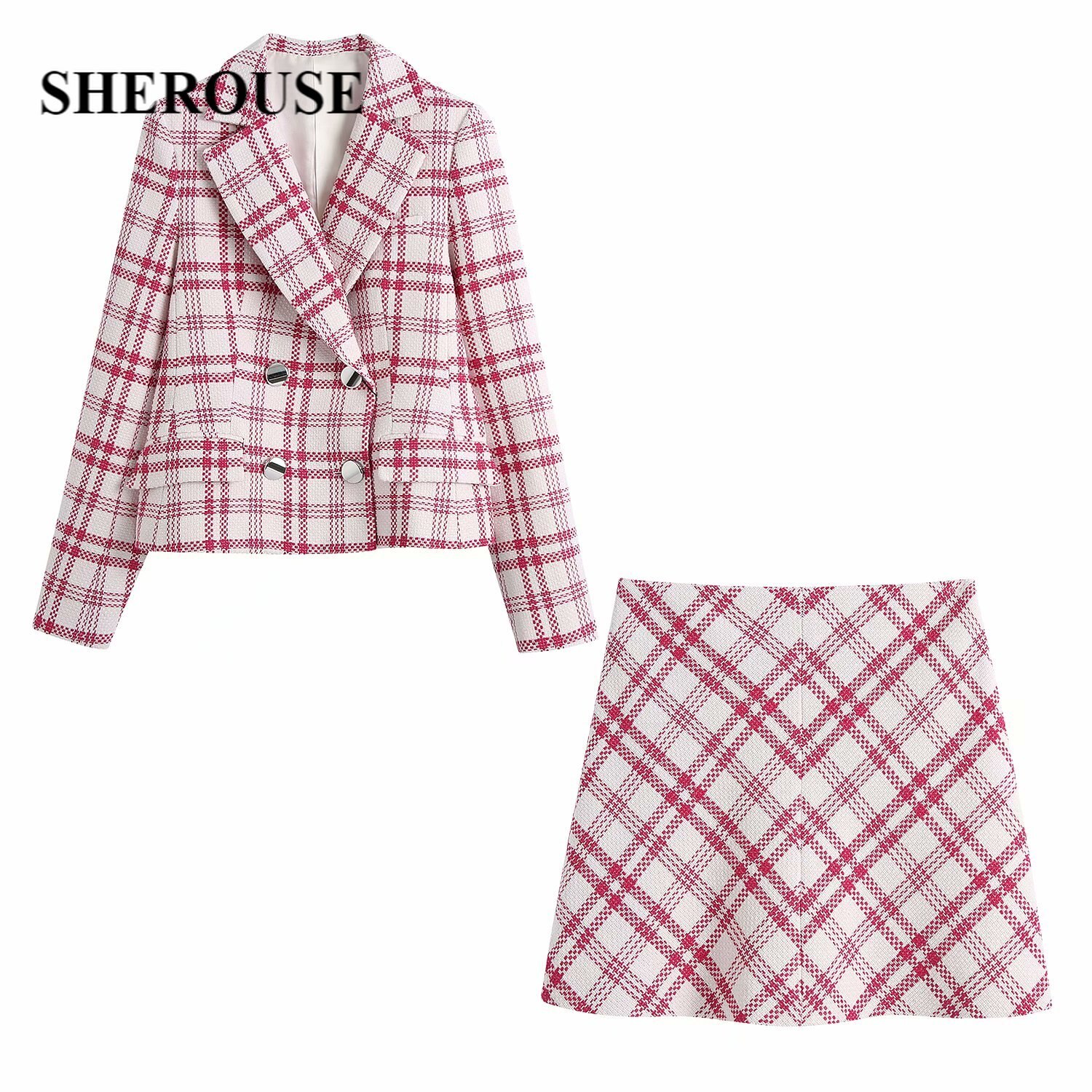 Women Two Pieces Set Checkered Textured Blazers and Short Skirt Suit Casual Chic Lady Women Outfits Suit
