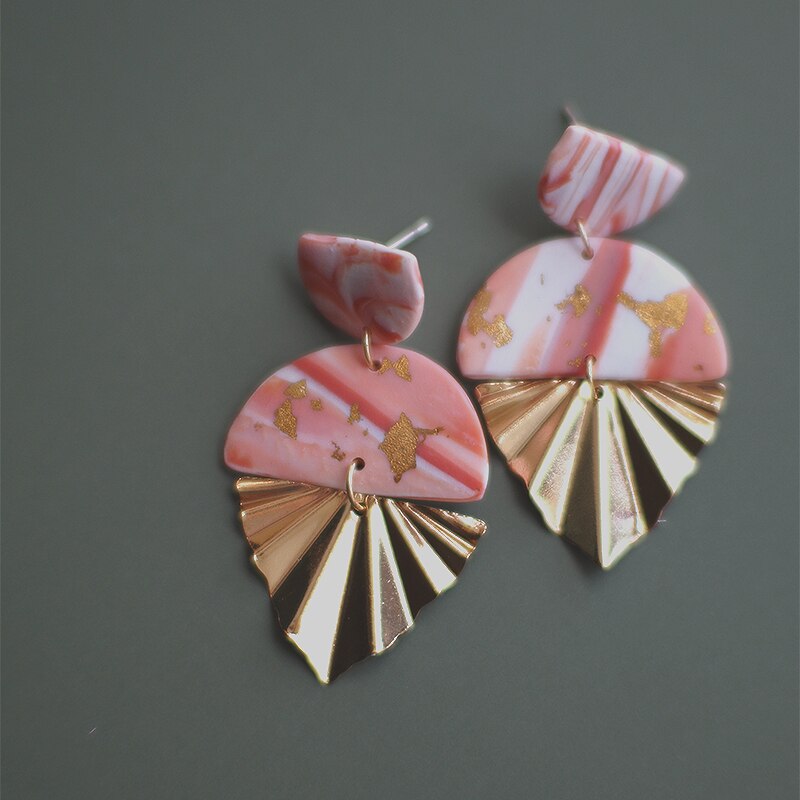 Handmade Gold Foil Abstract Pattern Polymer Clay Earrings Geometric Dangle Pendant Statement Art Earrings: Leaf dangle