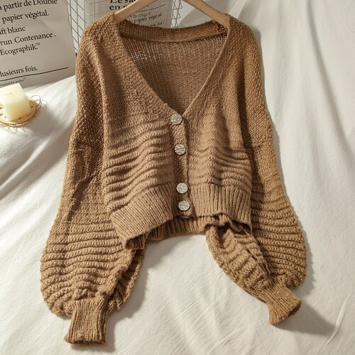 Gagarich kvinner genser løs kort strikket cardigan femme høst koreansk stil korte langermede v-hals uformelt topper: kaki
