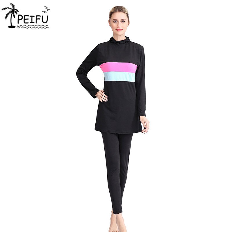 Peifu kvinder stribe trykt muslimsk badetøj hijab muslimah islamic plus size badedragt svømme surf wear sport burkinis 5xl