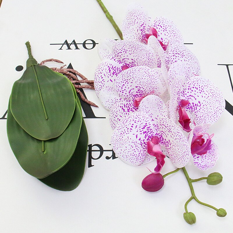Kunstig orkidé phalaenopsis med stort blad pu ægte berøring blomst håndføler pottemager planter bryllupsindretning hjemmebord tilbehør: Punkt lilla