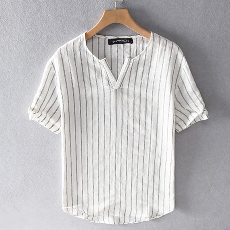 Incerun herr randiga skjortor casual kortärmad v-ringad camisa man bomull andas blusas lös harajuku blus s -5xl 7: Vit / S