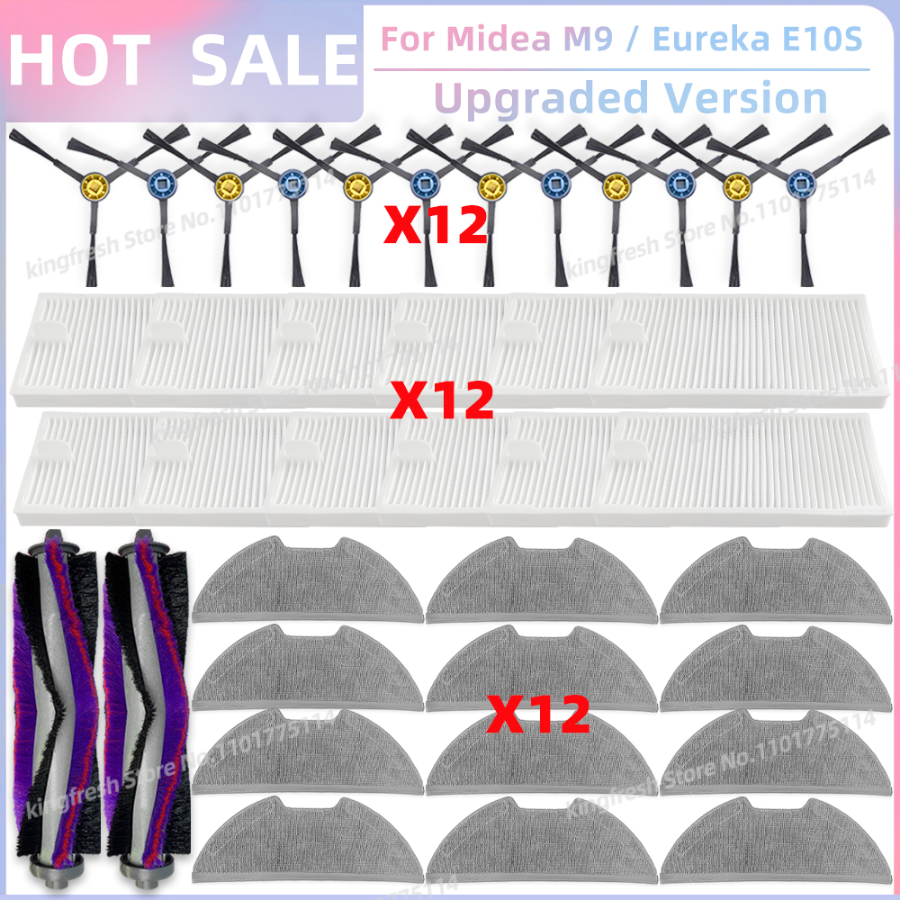 Compatible con ( Midea M9, Eureka E10S, Eureka E20 Plus, Midea VCR S10 Plus, Obode A8 ) Piezas de aspiradora Rodillo principal Cepillo lateral Filtro HEPA Paño de limpieza: Grey