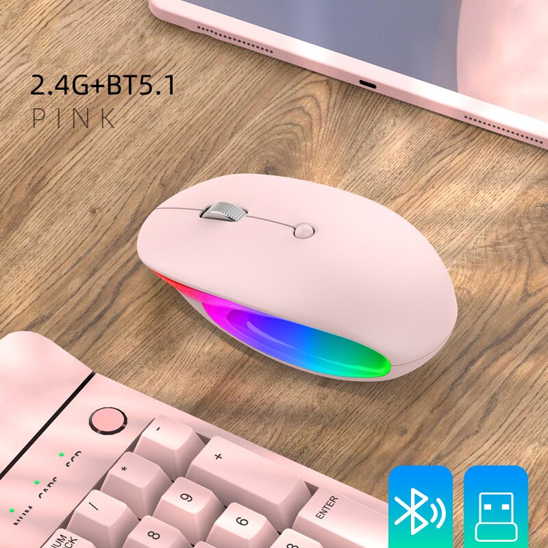 Dual Mode 2.4G Bluetooth-compatible Wireless Mouse Rechargeable Magic Gaming Mouse For PC Gamer Computer Mac iPad Laptop Mause: dual mode pink