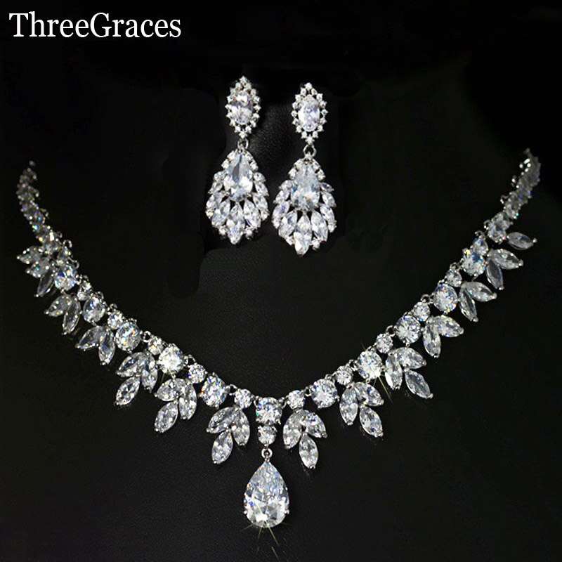 ThreeGraces – accessoires de mariée américaine de supérieure, ensemble collier et boucles d&#39;oreilles en pierre CZ, bijoux pour mariées JS003