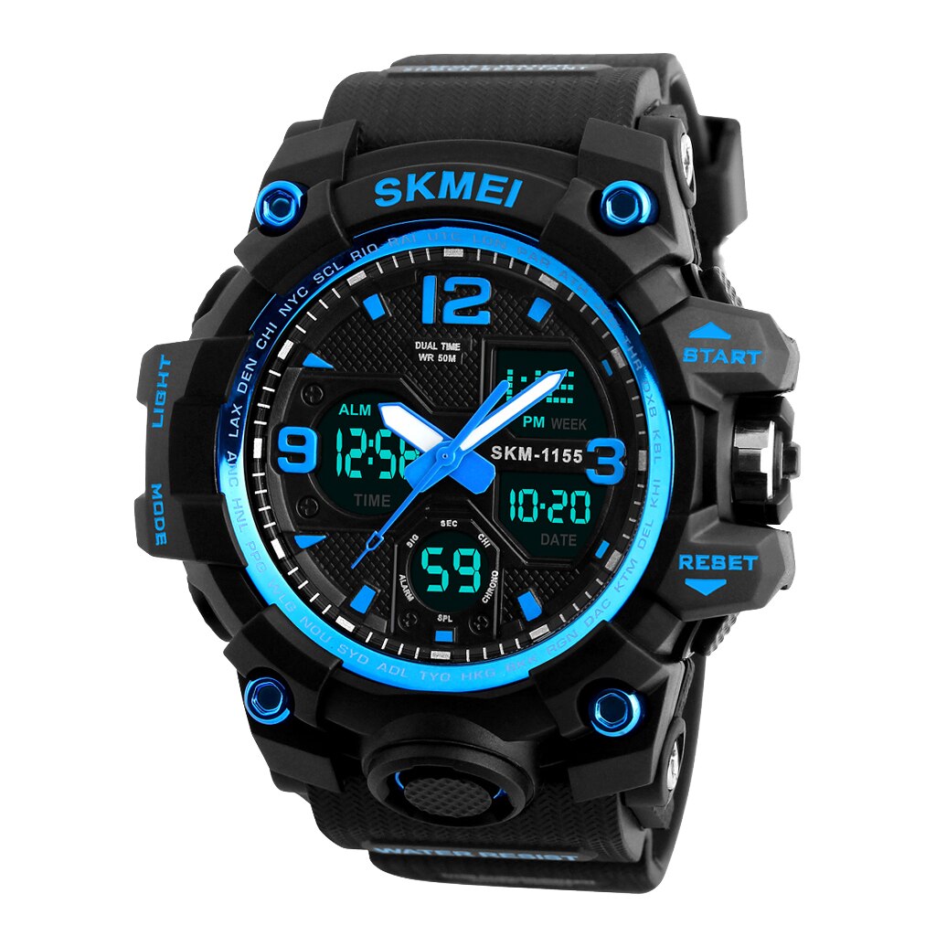 50M Waterdichte Heren Sport Digitale Horloge Analoge Digitale Horloge Met Dual Time Display El Backlight Chrono Alarm: Blauw