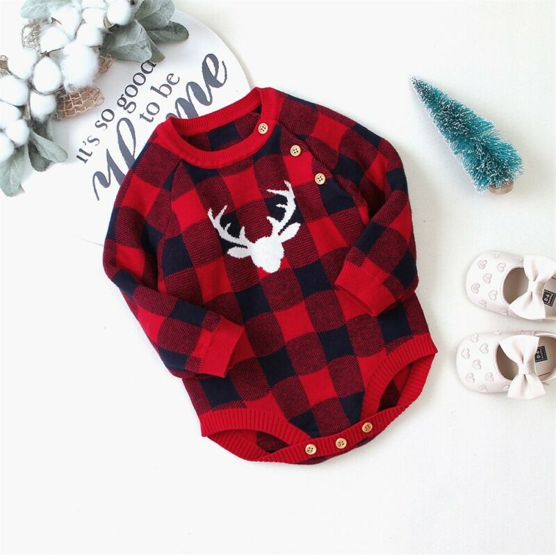 Navidad recién nacido bebé niña Bodi tejido Xmas Deer manga larga botón O cuello Plaid mono básico