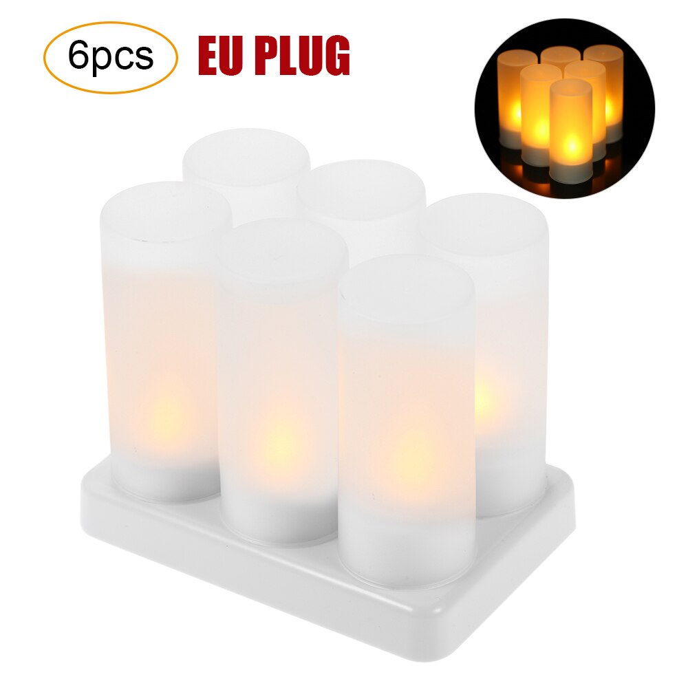 Oplaadbare Led Flickering Vlamloze Kaarsen Waxinelicht Verlichting Met Mat Cups Opladen Base Geel Licht 4/6/12 Stks/set: 6pcs EU PLUG