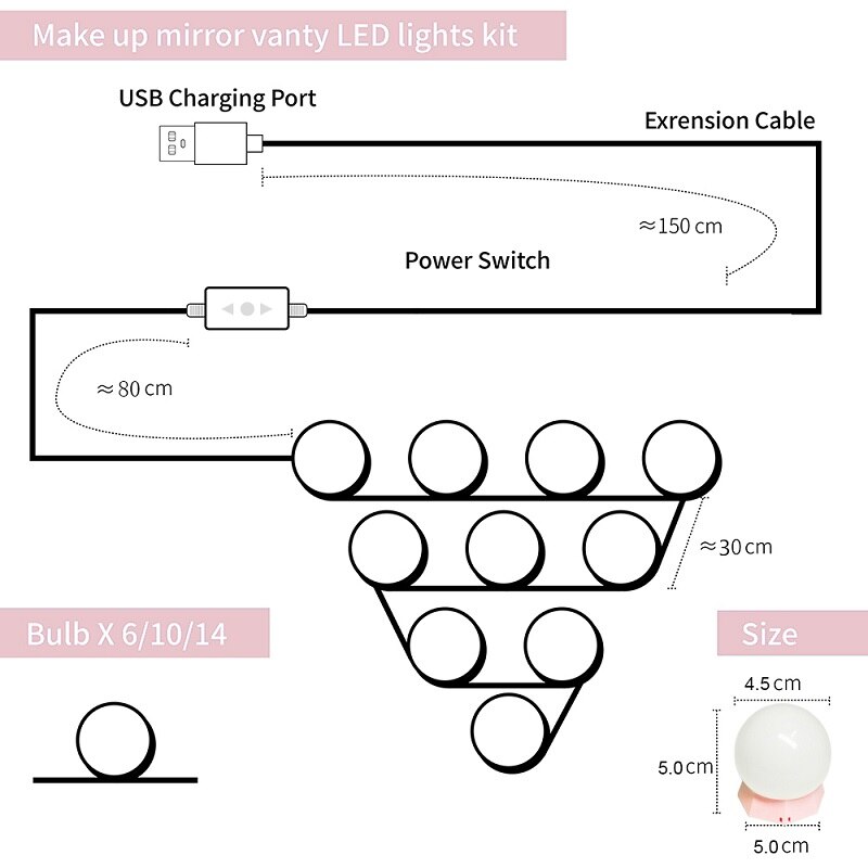 Bombilla LED para espejo de baño de Hollywood, 5V, luces Led para espejo de tocador, Kit de 6, 10 y 14 bombillas para tocador de maquillaje