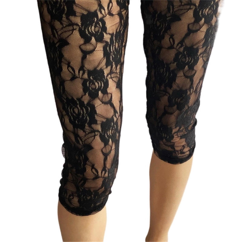 Dames shorts met hoge taille, bloemenkant, doorschijnend, cropped broek, uitgehold, doorschijnend, dunne capri legging, onderbroek