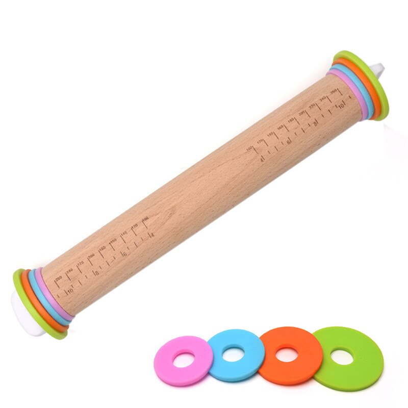 Rolling Pin Solid Beech Wood Adjustable Roller Pin with 4 Removable Thickness Rings for Baking Pizza Pie Pastries Cookies