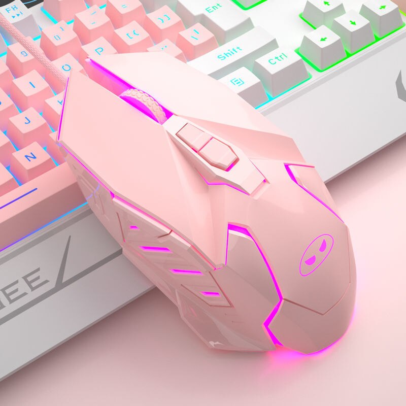 Clavier de jeu mécanique à câble USB rose pour filles, avec capuchons de touches, souris et écouteurs