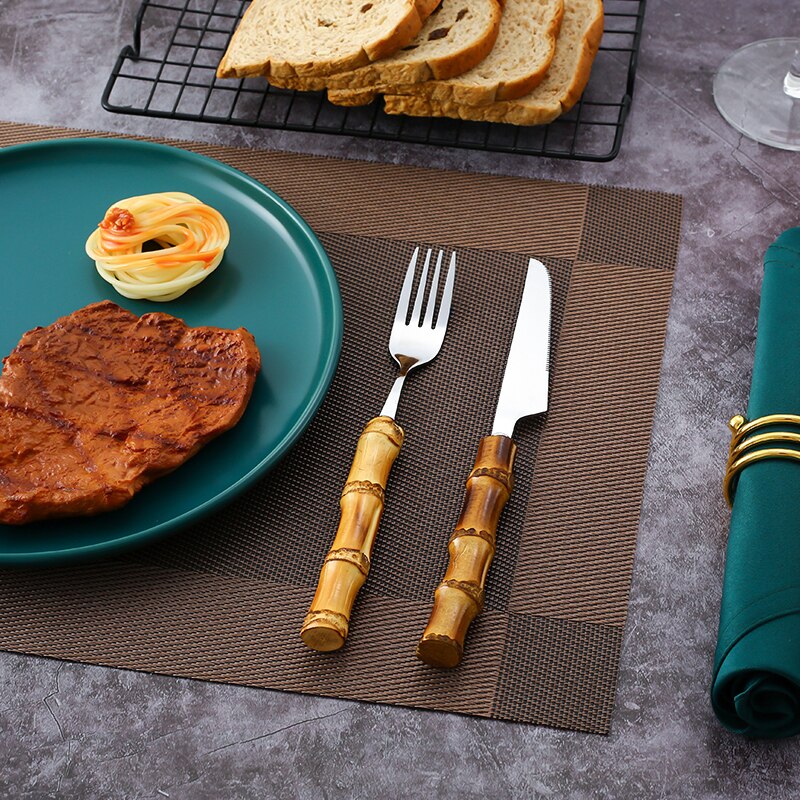 6Stck Natürliche Bambus Griff Geschirr Edelstahl Luxus Geschirr einstellen Steak Messer Nachtisch Gabeln Tee Löffel Gold Besteck