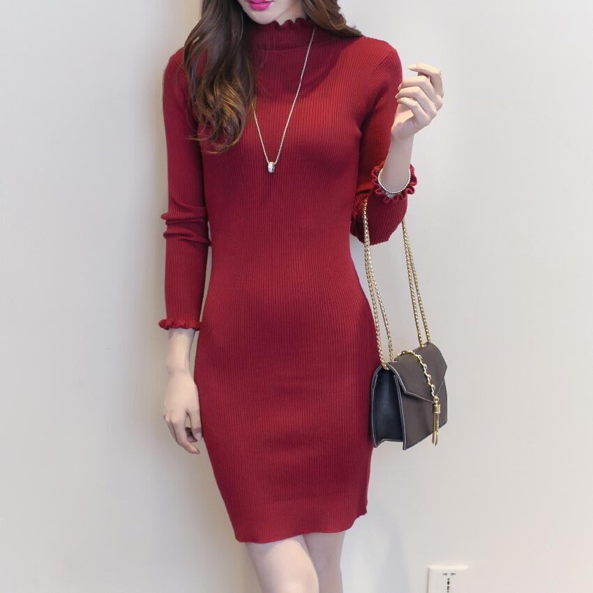 Ruffled Collar Sweater Dress Autumn Winter Women Solid Color Ruffles Cuff Pullovers Female Cute Knitted Dress