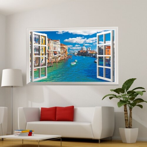 3d Wall Paper Stickers Venice of Italy 3D Window View Wall Stickers Large Mural Vinyl Decals Home Decor Wall Paper Stickers: Default Title