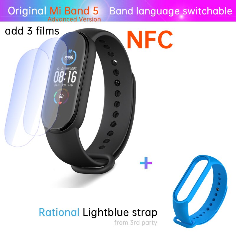 Xiaomi-pulsera inteligente Mi Band 5 con NFC, brazalete para el estrés, control del ritmo cardíaco, sueño, pasos, natación, deporte, alarma: NFC n film lightblue