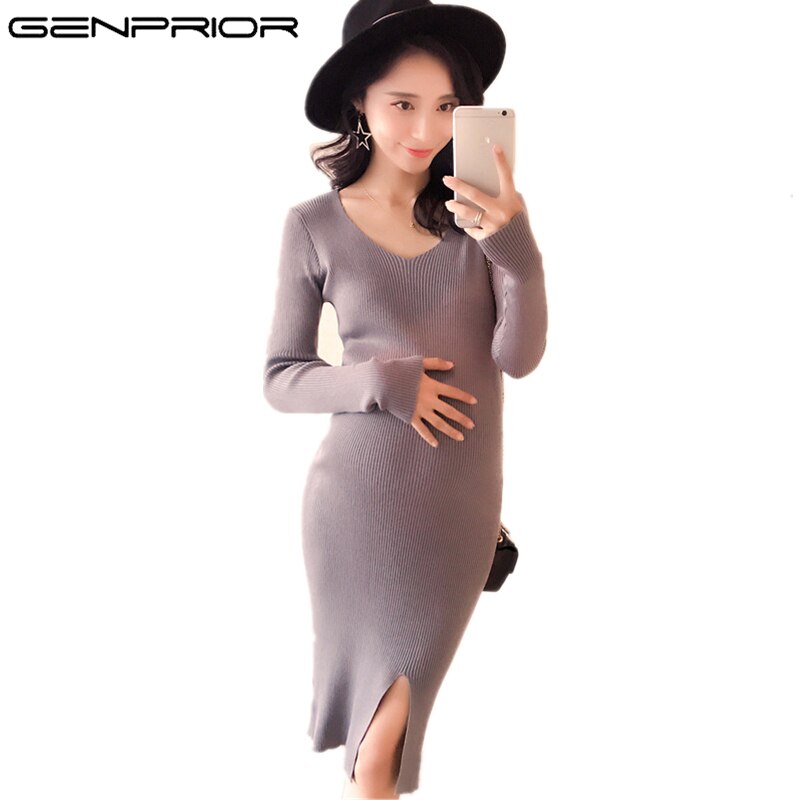 Maternity Dress Autumn Winter Pregnant Women Striped Wild Pullover Sweater Knee-length Shirt Body-con Knitted Dresses Women