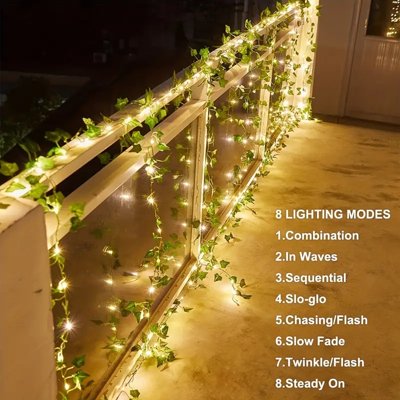 Guirnalda de luces solares de vid 50/100LED con 8 modos, hoja de hiedra Artificial, luz de hadas Solar para exteriores, decoración navideña para jardín al aire libre